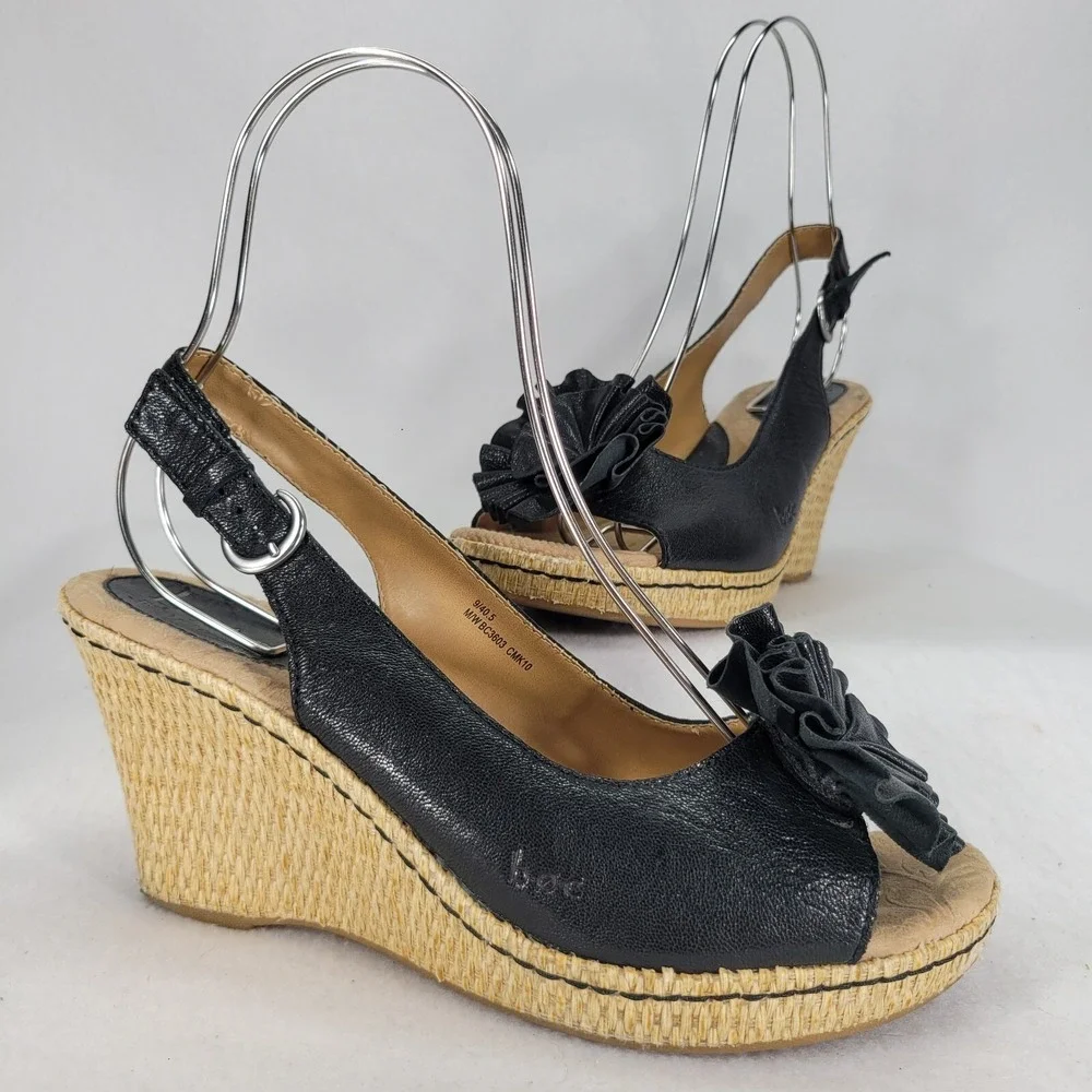 BOC Born Black Leather Peep Toe Wedge Sandals Womens‎ Sz 9 Strappy Flower